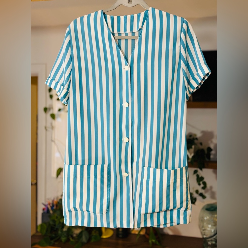 Vintage Handmade Blue White Striped Tunic Blouse Shirt Pockets